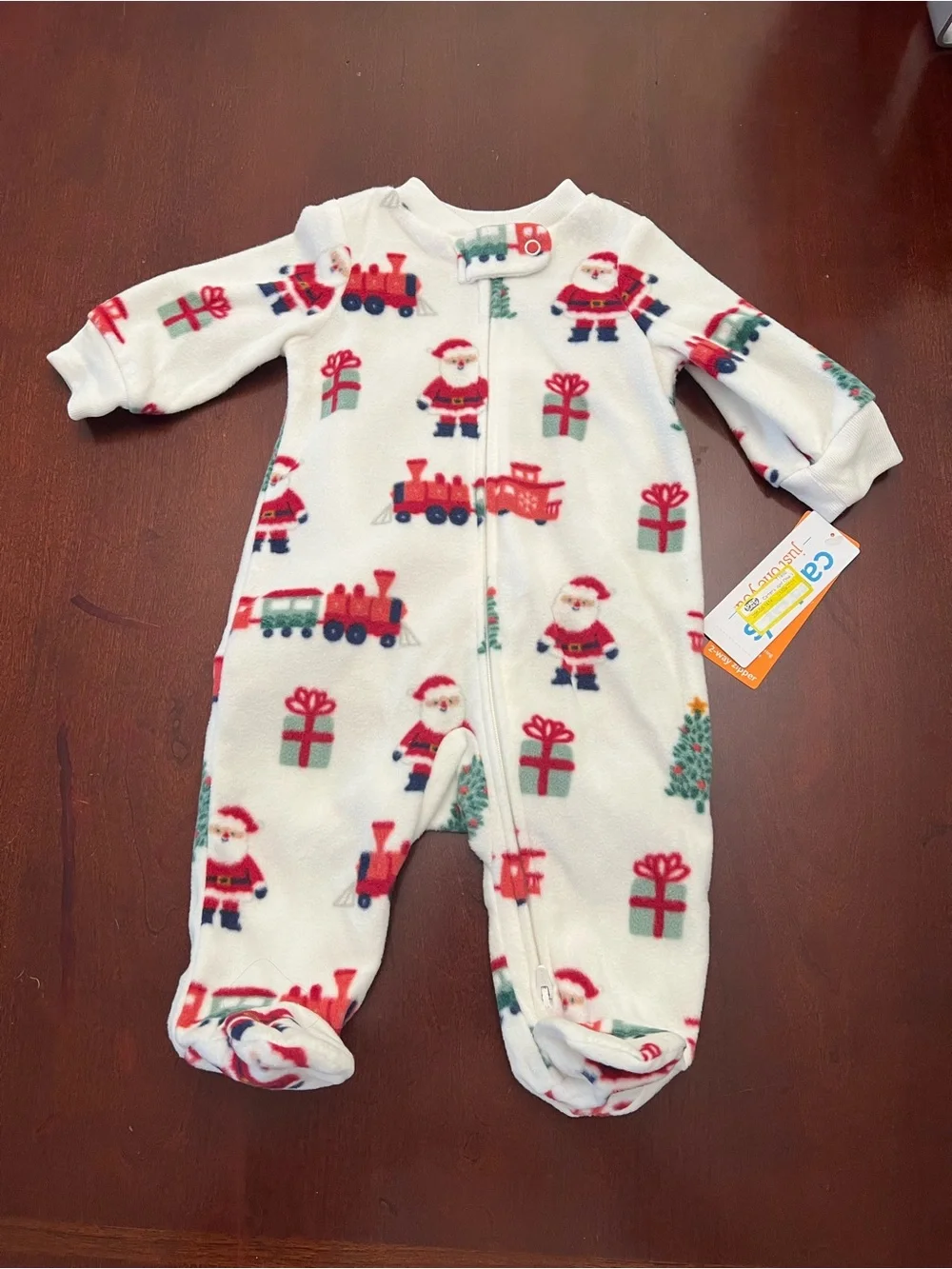 Carter's White Fleece Holiday Footed One-Piece with Santa & Train Print